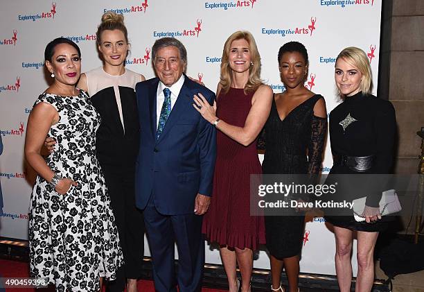 Selenis Leyva, Taylor Schilling, Tony Bennett, Susan Benedetto, Samira Wiley and Taryn Manning attend the 9th Annual Exploring The Arts Gala founded...