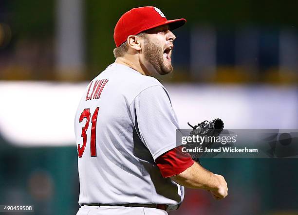 Lance Lynn of the St Louis Cardinals reacts after getting out of an inning against the Pittsburgh Pirates during the game at PNC Park on September...