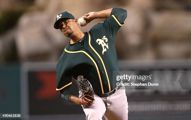 Felix Doubront of the Oakland Athletics throws a pitch against the Los Angeles Angels of Anaheim at Angel Stadium of Anaheim on September 28, 2015 in...