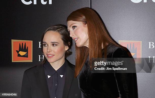 Actors Ellen Page and Julianne Moore attend the "Freeheld" New York premiere at Museum of Modern Art on September 28, 2015 in New York City.