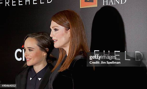 Actors Ellen Page and Julianne Moore attend the "Freeheld" New York premiere at Museum of Modern Art on September 28, 2015 in New York City.