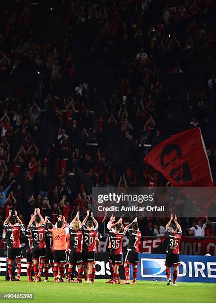 Players of Newell's Old Boys cheer their fans after a match between Estudiantes and Newell's Old Boys as part of round 26th of Torneo Primera...