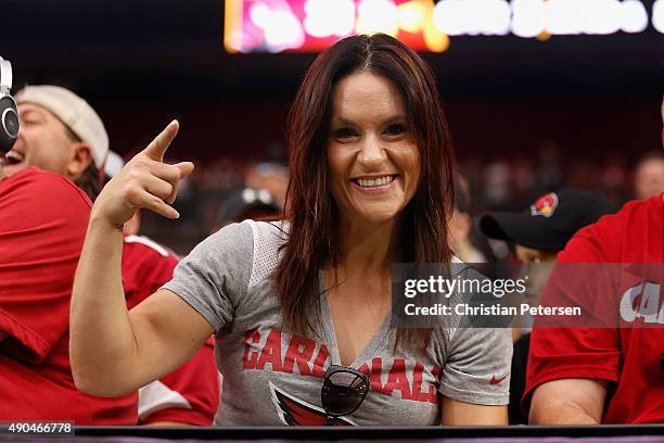 Former intern coach Jen Welter of the Arizona Cardinals cheers from the stands during the NFL game against the San Francisco 49ers at the University...