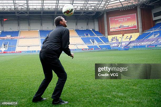 Vanderlei Luxemburgo, new head coach of Tianjin Songjiang Football Club, visits the club's football training base on September 28, 2015 in Tianjin,...