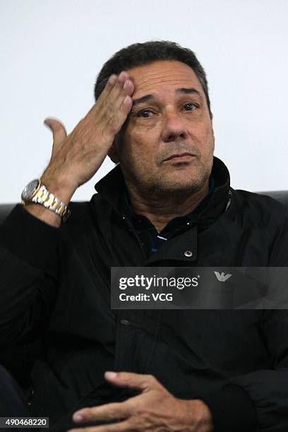 Vanderlei Luxemburgo, new head coach of Tianjin Songjiang Football Club, visits the club's football training base on September 28, 2015 in Tianjin,...