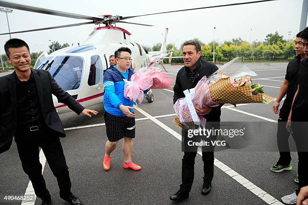 Vanderlei Luxemburgo, new head coach of Tianjin Songjiang Football Club, visits the club's football training base on September 28, 2015 in Tianjin,...