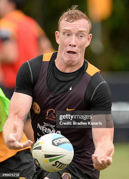 Jack Reed passes the ball during the Brisbane Broncos NRL training session on September 29, 2015 in Brisbane, Australia.