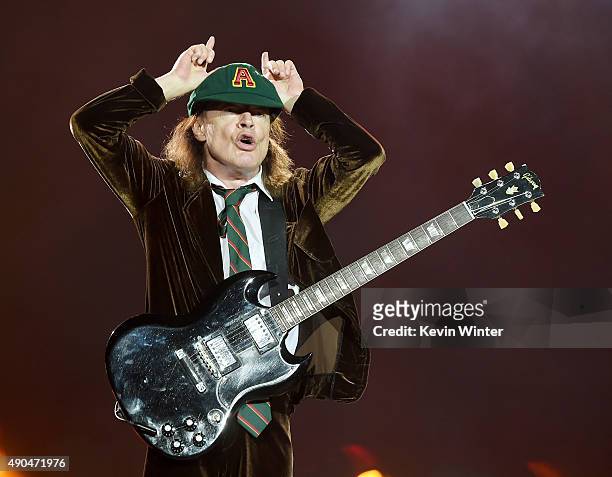 Musician Angus Young of AC/DC performs at Dodger Stadium on September 28, 2015 in Los Angeles, California.