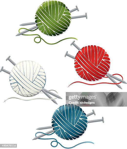 kugeln aus garn und nadeln; symbole set - knitting needles stock-grafiken, -clipart, -cartoons und -symbole