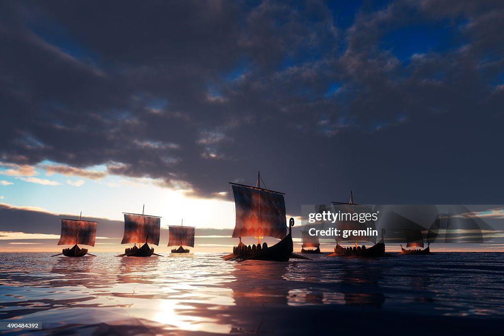 Viking ships sailing towards unknown land