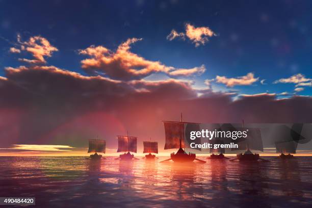 viking los barcos navegar hacia desconocida tierra - vikingo fotografías e imágenes de stock