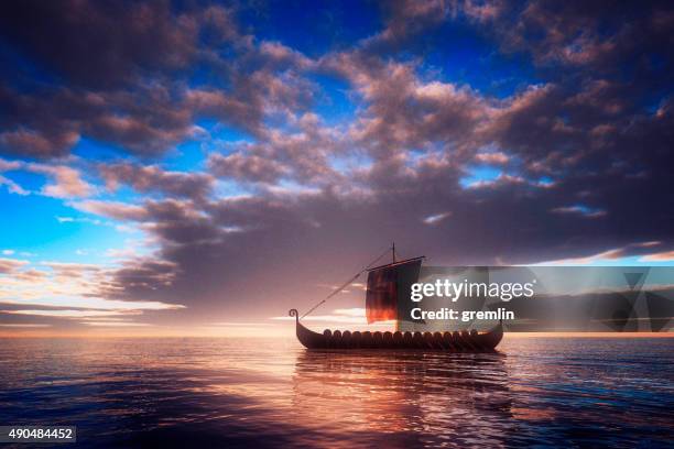 viking ship sailing towards unknown land - snäckor bildbanksfoton och bilder