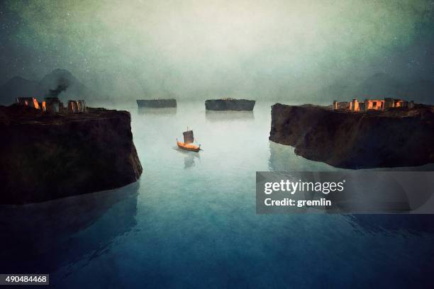 viking ship sailing towards unknown land - mystery island stock pictures, royalty-free photos & images