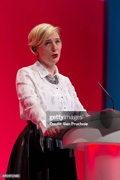 For Walthamstow Stella Creasy speaks to delegates during a session entitled "Living Standards and Sustainability" during the third day of the Labour...