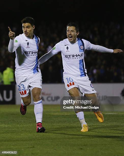 Bruno Fornaroli of the City celebrates a goal with Robert Koren during the FFA Cup Quarter Final match between Heidleberg United and Melbourne City...