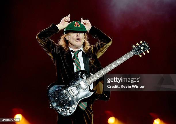 Musician Angus Young of AC/DC performs at Dodger Stadium on September 28, 2015 in Los Angeles, California.