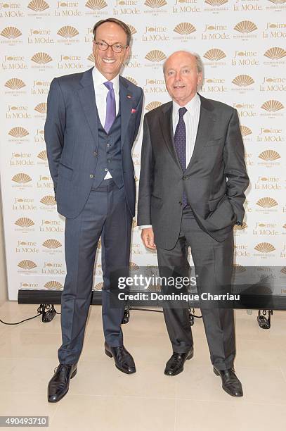 General Manager of the Mandarin Oriental Paris Philippe Leboeuf and Jacqhes Toubon attend the J'aime La Mode - Mandarin Oriental - Photocall at Hotel...