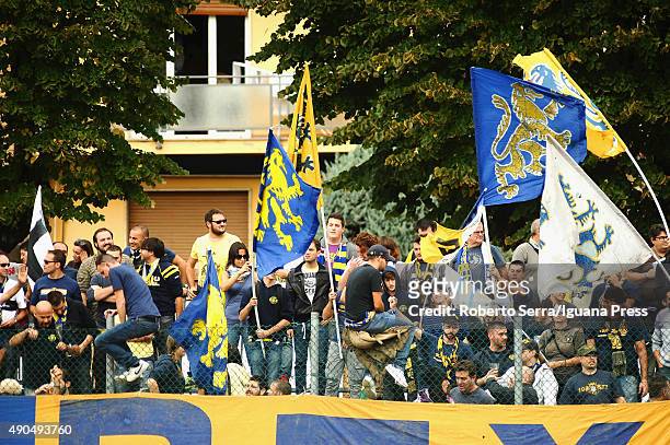 Supporters of Parma in action durnig the Serie D match between Mezzolara and Parma Calcio 1913 at on September 27, 2015 in Budrio, Italy.