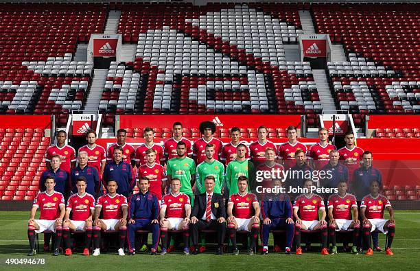 The Manchester United squad pose during the annual team photocall at Old Trafford on September 28, 2015 in Manchester, England.