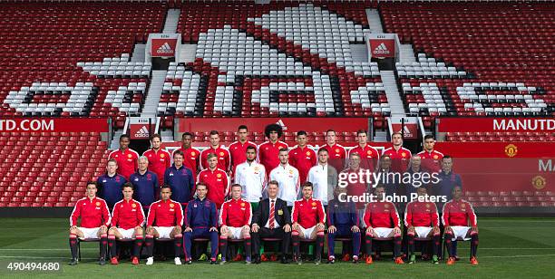 The Manchester United squad pose during the annual team photocall at Old Trafford on September 28, 2015 in Manchester, England.