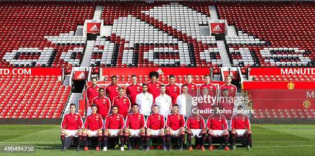 The Manchester United squad pose during the annual team photocall at Old Trafford on September 28, 2015 in Manchester, England.