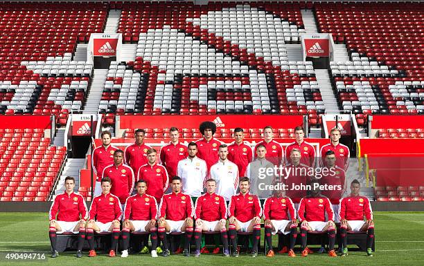 The Manchester United squad pose during the annual team photocall at Old Trafford on September 28, 2015 in Manchester, England.