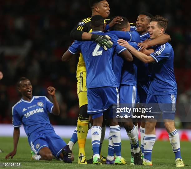 The Chelsea U21s team celebrate after the Barclays U21 Premier League final match between Manchester United and Chelsea at Old Trafford on May 14,...