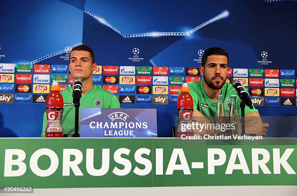 Granit Xhaka and Alvaro Dominguez of Borussia Moenchengladbach during the press conference of Borussia Moenchengladbach at Borussia-Park on September...