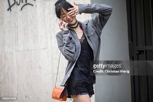 Model during Milan Fashion Week Spring/Summer 16 on September 27, 2015 in Milan, Italy.