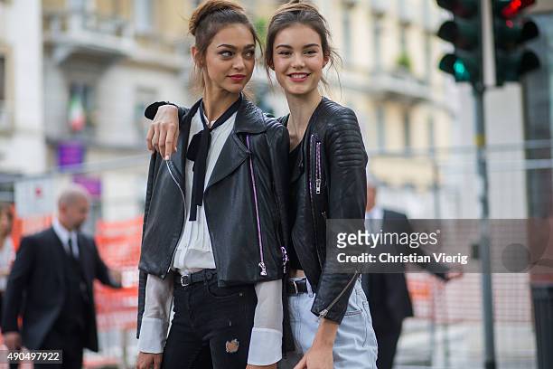 Model Zhenya Katava during Milan Fashion Week Spring/Summer 16 on September 27, 2015 in Milan, Italy.