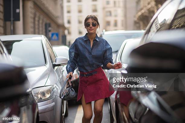 Fashion blogger Patricia Manfield wears Trussardi during Milan Fashion Week Spring/Summer 16 on September 27, 2015 in Milan, Italy.
