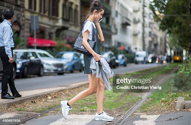 Model during Milan Fashion Week Spring/Summer 16 on September 27, 2015 in Milan, Italy.