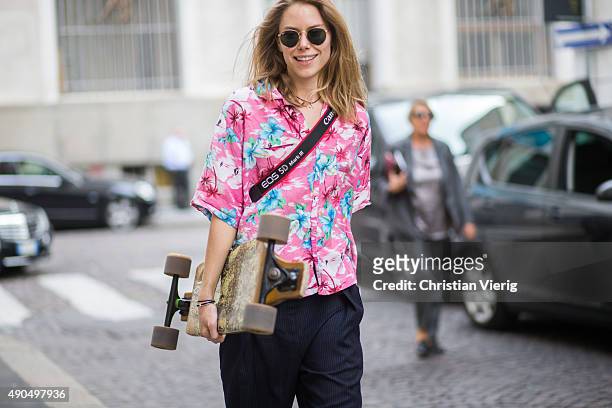 Guest wears Marni during Milan Fashion Week Spring/Summer 16 on September 27, 2015 in Milan, Italy.