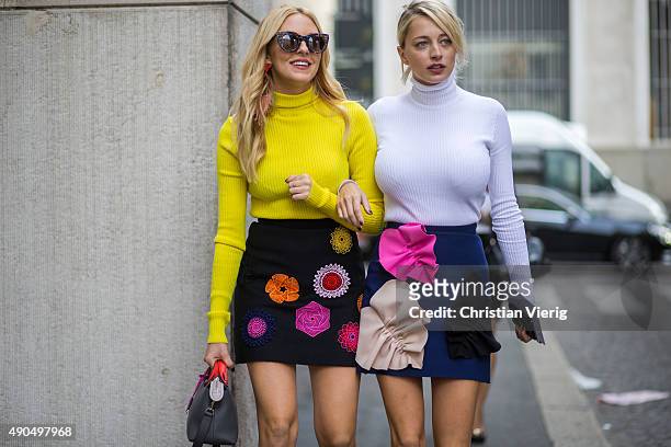 Fashion blogger Shea Marie and Caroline Vreeland wear MSGM Fashion Week Spring/Summer 16 on September 27, 2015 in Milan, Italy.