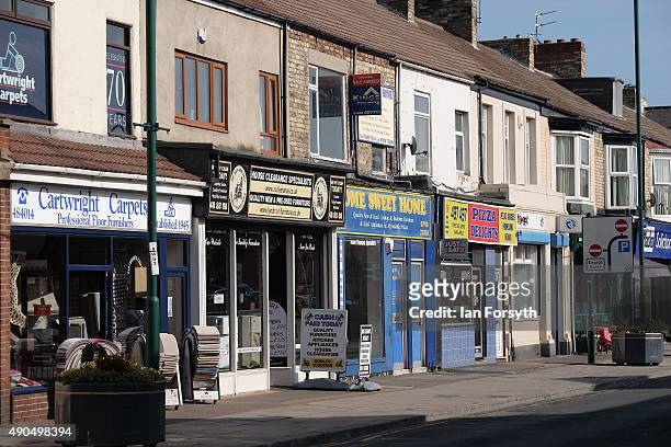 Shops and businesses are open for business on a street on September 29, 2015 in Redcar, England. Following the announcement by SSI UK that the steel...