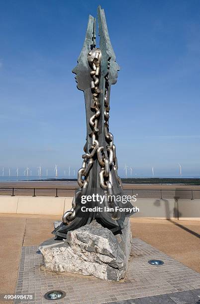 Steel sculpture is displayed on the seafront on September 29, 2015 in Redcar, England. Following the announcement by SSI UK that the steel...