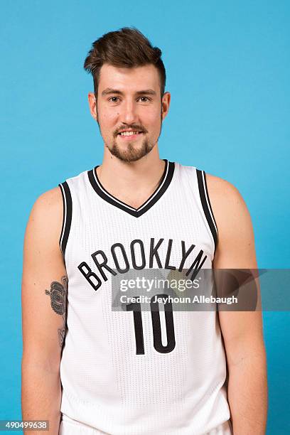 Sergey Karasev of the Brooklyn Nets poses for a photo during media day on September 28, 2015 in East Rutherford, NJ. NOTE TO USER: User expressly...