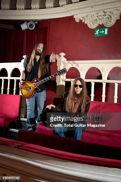 Portrait of musicians Paul Jackson and Charlie Starr, guitarists with American country rock group Blackberry Smoke photographed before a live...