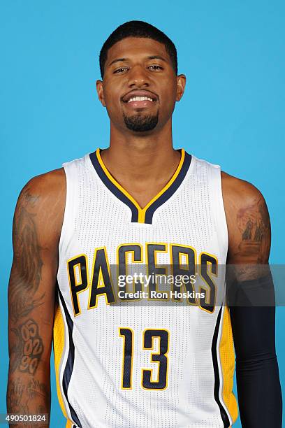 Paul George of the Indiana Pacers poses for a head shot during the Indiana Pacers media day at Bankers Life Fieldhouse on September 28, 2015 in...