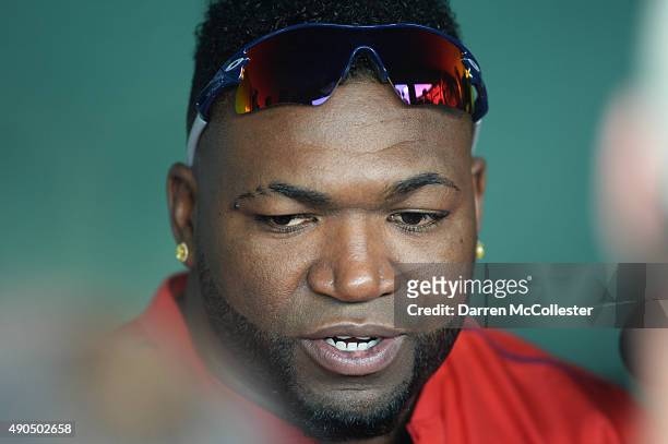 David Ortiz of the Boston Red Sox answers questions from the media prior to the game against the Tampa Bay Rays at Fenway Park on September 21, 2015...