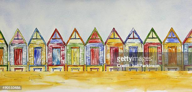 colorful beach shacks in a row pen and wash painting - beach hut stock illustrations