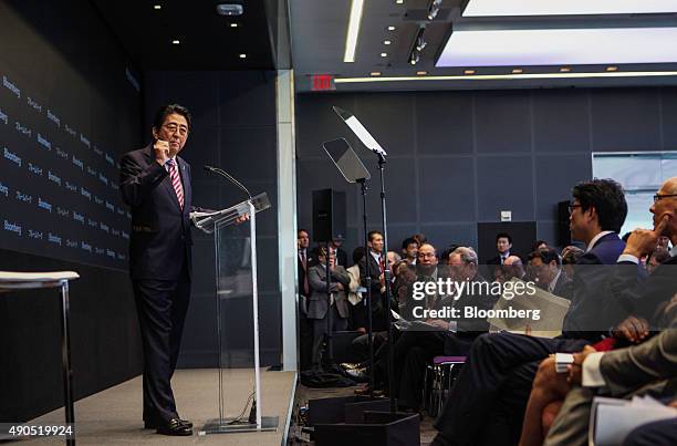 Shinzo Abe, Japan's prime minister, speaks during the Japan Finance Forum event in New York, U.S., on Tuesday, Sept. 29, 2015. Abe pledged to push...