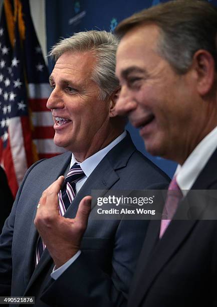 House Majority Leader Rep. Kevin McCarthy and Speaker of the House Rep. John Boehner share a moment as they speak to member of the media after a...