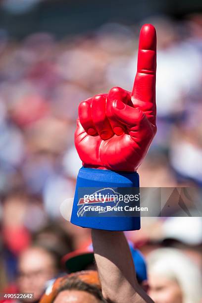 Buffalo Bills fan waves a jumbo foam finger during the game against the New England Patriots on September 20, 2015 at Ralph Wilson Stadium in Orchard...