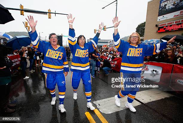 The Hanson Brothers, Jeff Carlson, Steve Carlson and Dave Hanson greet fans outside the Cambria County War Memorial Arena before the Pittsburgh...