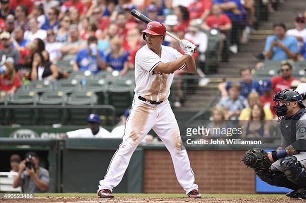 Will Venable of the Texas Rangers bats against the Seattle Mariners at Globe Life Park in Arlington on September 20, 2015 in Arlington, Texas. The...