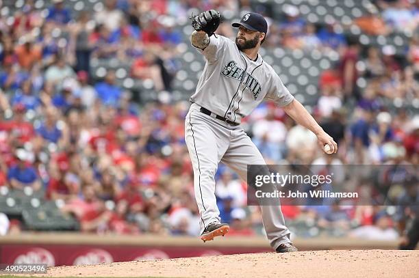 Joe Beimel of the Seattle Mariners pitches against the Texas Rangers at Globe Life Park in Arlington on September 20, 2015 in Arlington, Texas. The...