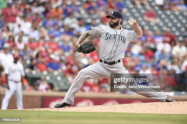 Joe Beimel of the Seattle Mariners pitches against the Texas Rangers at Globe Life Park in Arlington on September 20, 2015 in Arlington, Texas. The...