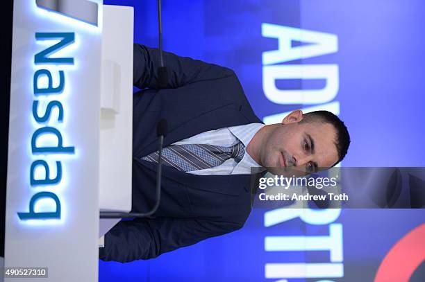 President and COO of Advertising Week Lance Pillersdorf rings the Closing Bell at NASDAQ during Advertising Week 2015 AWXII at Nasdaq MarketSite on...