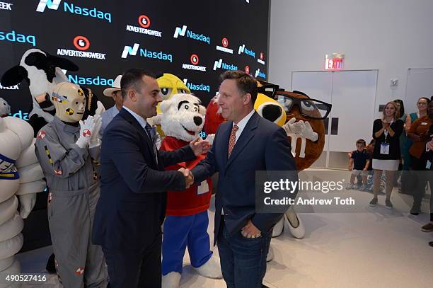 President and COO of Advertising Week Lance Pillersdorf and Richard Shea ring the Closing Bell with brand mascots at NASDAQ during Advertising Week...